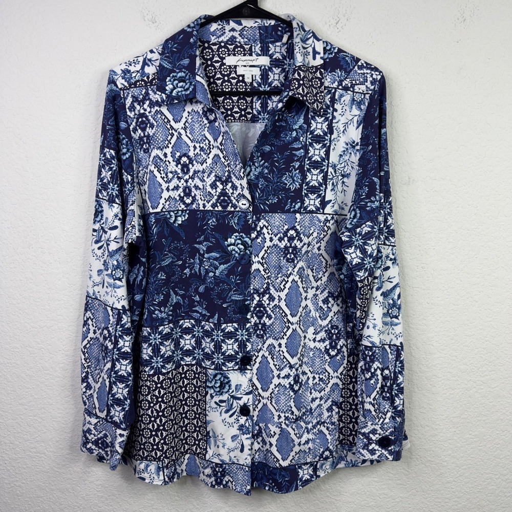 Foxcroft Shirt Womens 1X Blue White Patchwork Floral Button Boho Eclectic Hippie